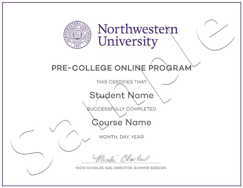 Northwestern University Pre-College Online Program Sample Certificate